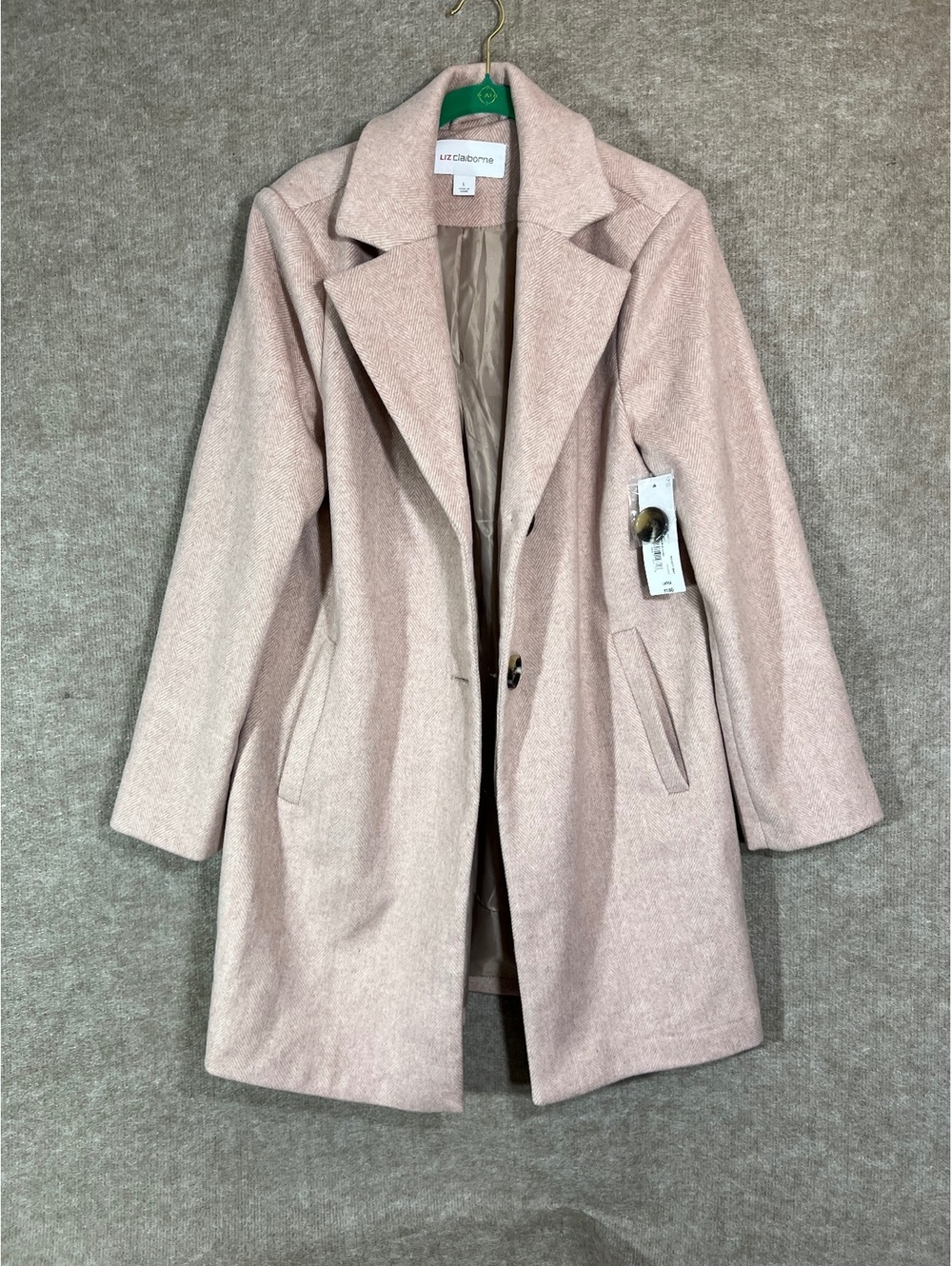 Liz Claiborne Tailored Overcoat Women L Rosebud Ivory Herringbone NWT Wool Blend